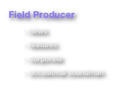 Field Producer

        - news
        - features
        - corporate
        - occasional soundman